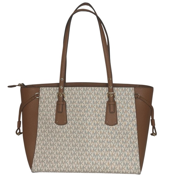 Michael Kors Voyager Medium Tote Bag in Vanilla & Acorn Tablet Pocket Zipper Top - Picture 2 of 10